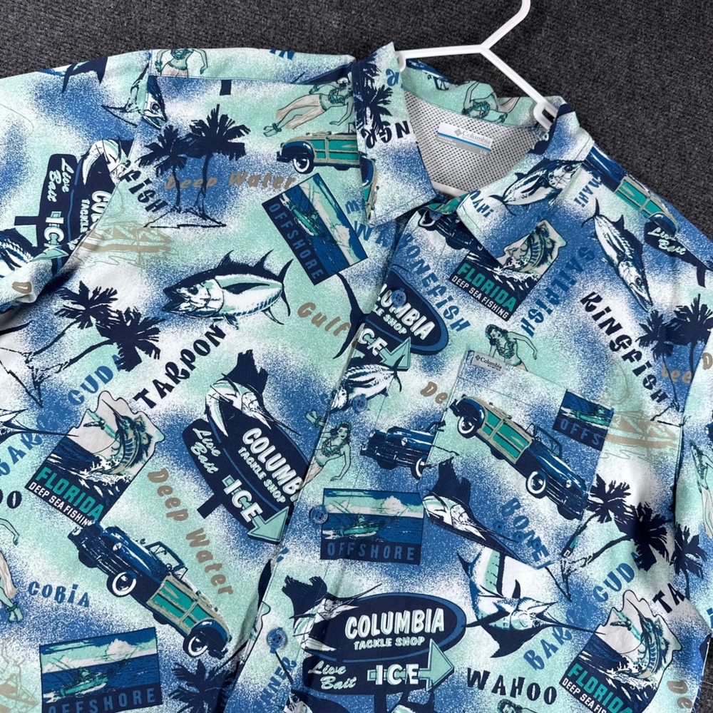 Columbia PFG Shirt Mens L Large Blue Vintage Fishing Graphic Print‎ Short Sleeve